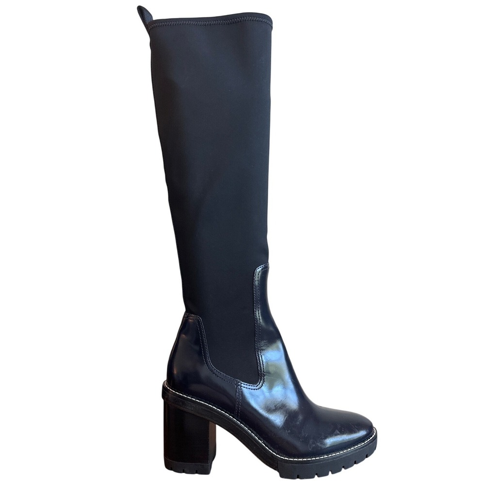 Tory Burch Preston Navy Leather Stretch Lug Sole Knee High Boots 8.5